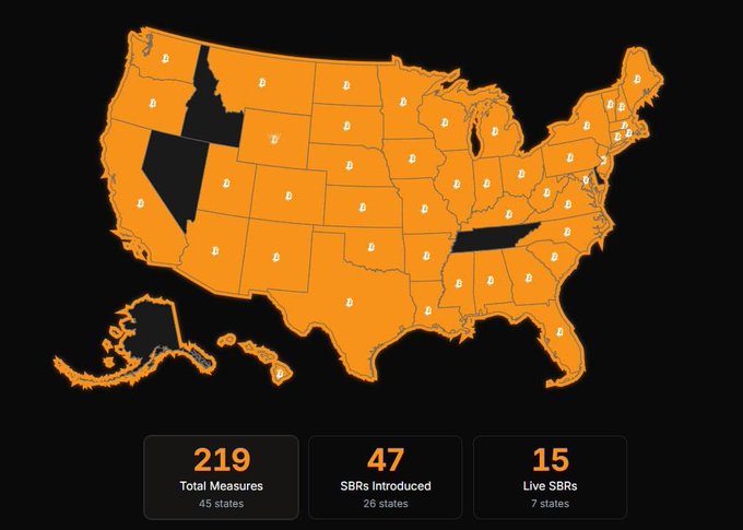 An orange map of the United States displays numerous small briefcase icons across the states, with statistics at the bottom reading '219 Total Measures' across '45 states,' '47 SBRs Introduced' in '26 states,' and '15 Live SBRs' in '7 states.'