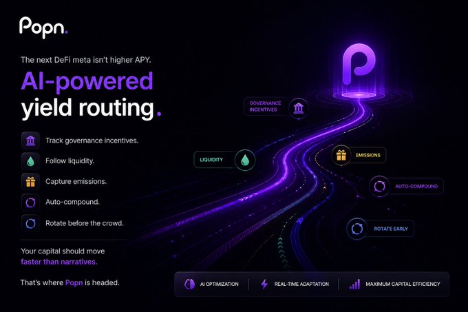 A promotional graphic for Popn featuring 'AI-powered yield routing' with text highlighting governance incentives, liquidity tracking, emissions capture, auto-compounding, and early rotation, along with tags for AI optimization and real-time adaptation.
