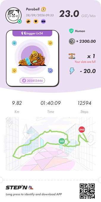 A STEP'N app screenshot showing jogging stats for a Parabell Jogger Lv24 sneaker NFT, earning 23.0 GST/Min at 9.82 Km distance with 12,594 steps, noting 'Your slots are full.'