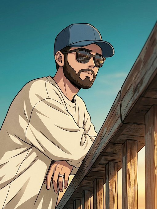 Comic-book style illustration of a bearded man wearing a blue cap and reflective sunglasses, leaning on a wooden railing against a blue sky.