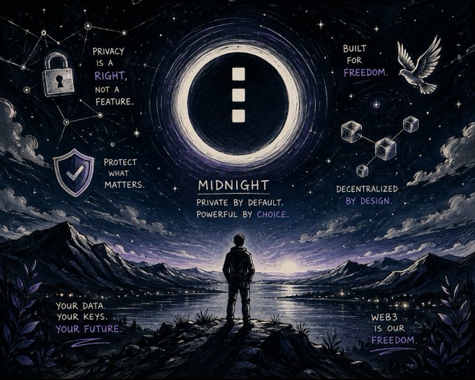 The image features a man standing at the top of a cliff overlooking water with mountains in the background, surrounded by stars. The caption reads "Midnight" and there are several other words related to privacy and freedom throughout the image.