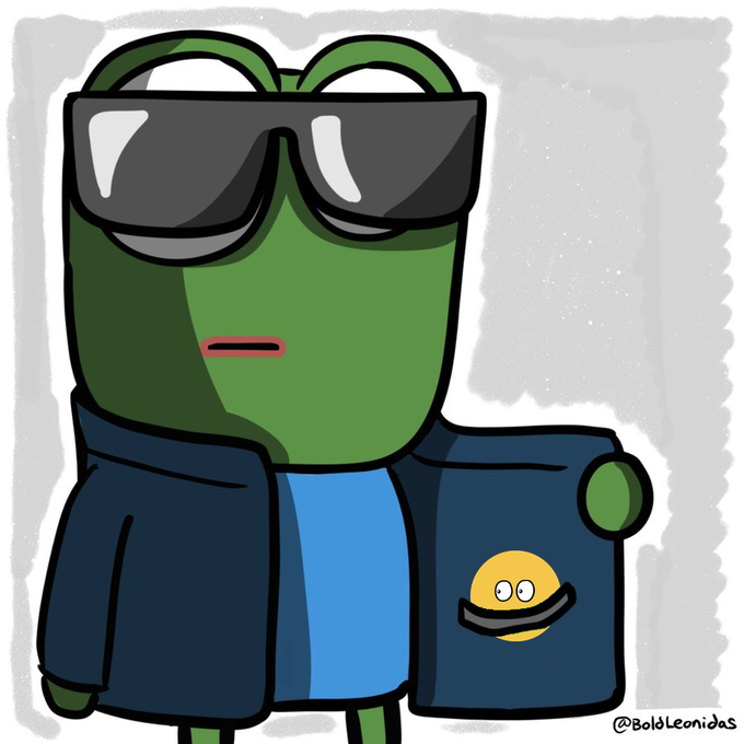 A cartoon illustration of a green frog-like character wearing dark sunglasses and a blue jacket with a yellow smiley face pin, signed '@BoldLeonidas'.