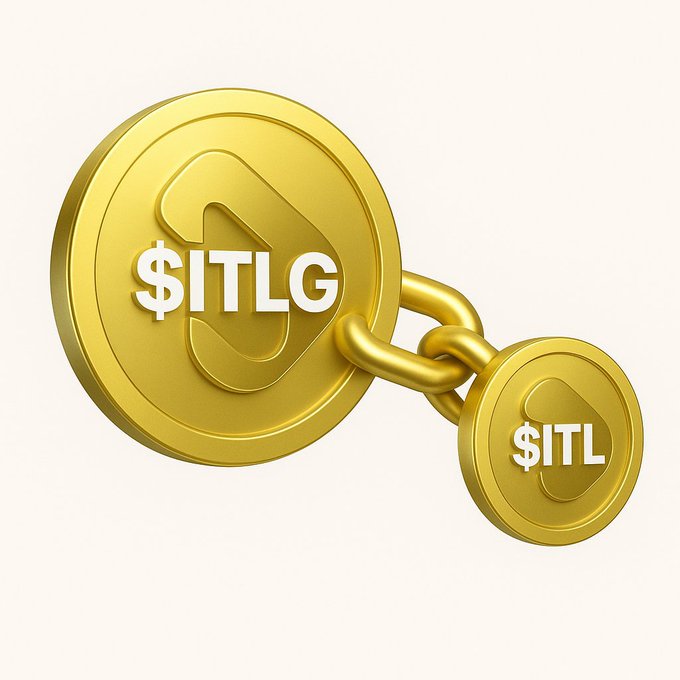 Two gold-colored coins connected by a chain, one larger labeled '$ITLG' and a smaller one labeled '$ITL', both featuring a stylized 'J' logo.