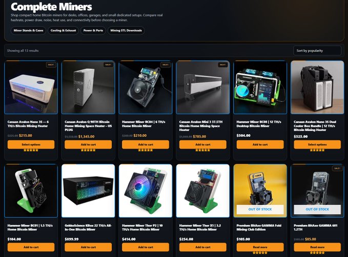 An e-commerce webpage titled 'Complete Miners' displaying a grid of cryptocurrency mining hardware products from brands like Canaan Avalon and Hammer Miner with prices and add-to-cart options.