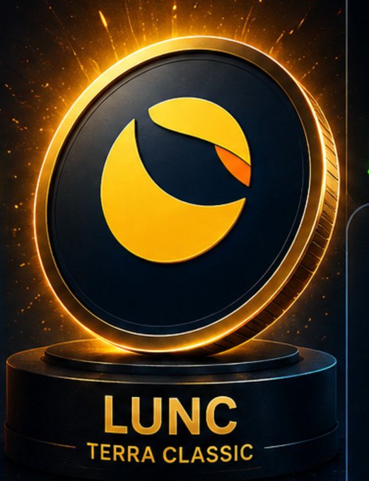 A digital rendering of a golden and black LUNC (Terra Classic) cryptocurrency coin displayed on a glowing pedestal.