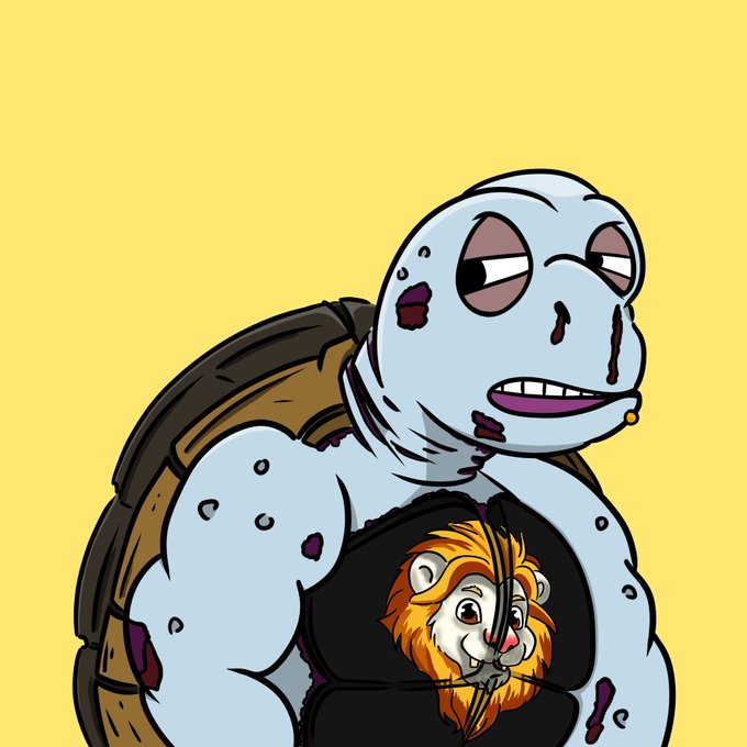 Cartoon illustration of a battered light blue turtle with purple wounds wearing a black shirt featuring a lion graphic, against a yellow background.