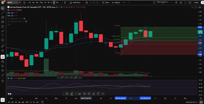 A weekly candlestick chart of the AdvisorShares Pure US Cannabis ETF (MSOS) showing a recent bull flag pattern, with the current weekly candle forming inside a green resistance zone around $5.35 and an RSI near 56, supporting the post's outlook for a potential higher low and an hourly uptrend confirmation.