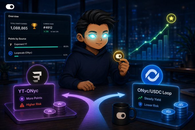 A digital illustration of a stylized character with glowing blue eyes presenting a cryptocurrency points overview, showing 1,088,865 total points, rank #4912, and comparing 'YT-ONyc' (More Points, Higher Risk) with 'ONyc/USDC Loop' (Steady Yield, Lower Risk).