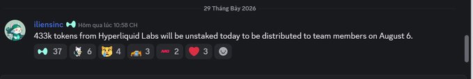 A Discord message from user "llensinc" reading "433k tokens from Hyperliquid Labs will be unstaked today to be distributed to team members on August 6," with various emoji reactions.