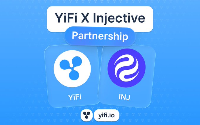 YiFi X Injective Partnership promotional graphic featuring the YiFi and INJ logos on a blue background, directing to yifi.io.
