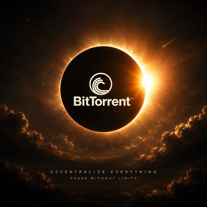 A dramatic space-themed graphic featuring a solar eclipse with the "BitTorrent" logo and tagline "DECENTRALIZE EVERYTHING, SHARE WITHOUT LIMITS".