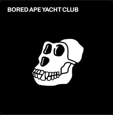 Black and white Bored Ape Yacht Club NFT logo featuring a stylized ape skull with sunglasses and a cap on a black background.