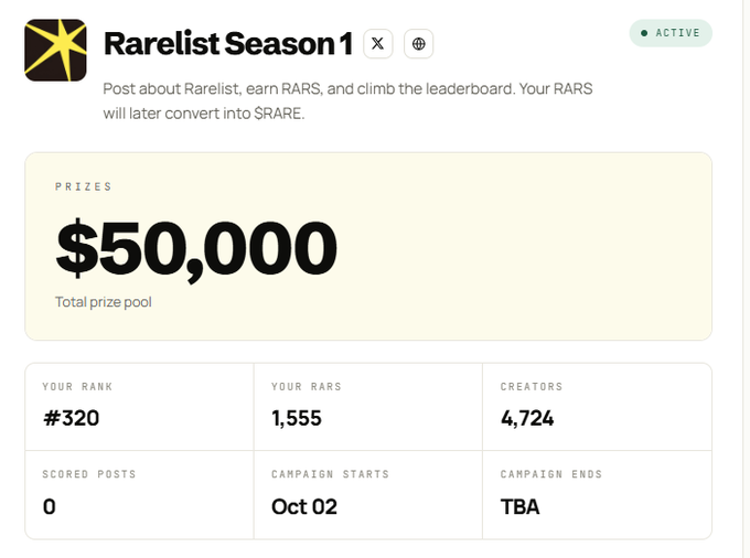 A “Rarelist Season 1” campaign dashboard marked “ACTIVE” shows a “$50,000” total prize pool, rank “#320,” RARS “1,555,” creators “4,724,” scored points “0,” campaign start “Oct 02,” and end date “TBA.”