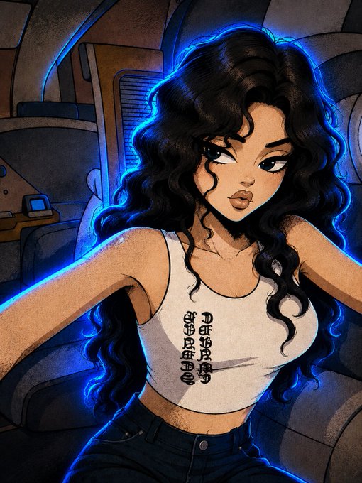 A digital illustration of a woman with long curly black hair wearing a white crop top with text, posed against a blue-lit background.