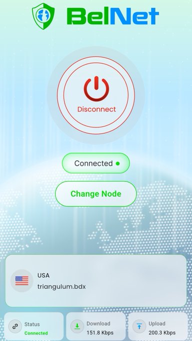 A BelNet VPN application interface showing a 'Disconnect' power button, 'Connected' status, and connection details for USA (triangulumb.bdx) with download/upload speeds of 151.8 Kbps and 200.3 Kbps.