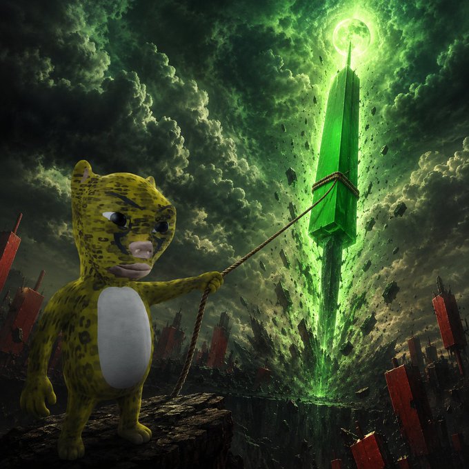 A small toy leopard ("Baola") tethers a massive glowing green crystal that's erupting skyward from a ruined cityscape with dramatic debris scattering around it. The image visually mirrors the post's metaphor, depicting a low-cap token (0xbb469d64e89c8b2fe0221052220a96a7f1c67777) as an explosive upward surge that will be difficult for holders to maintain.