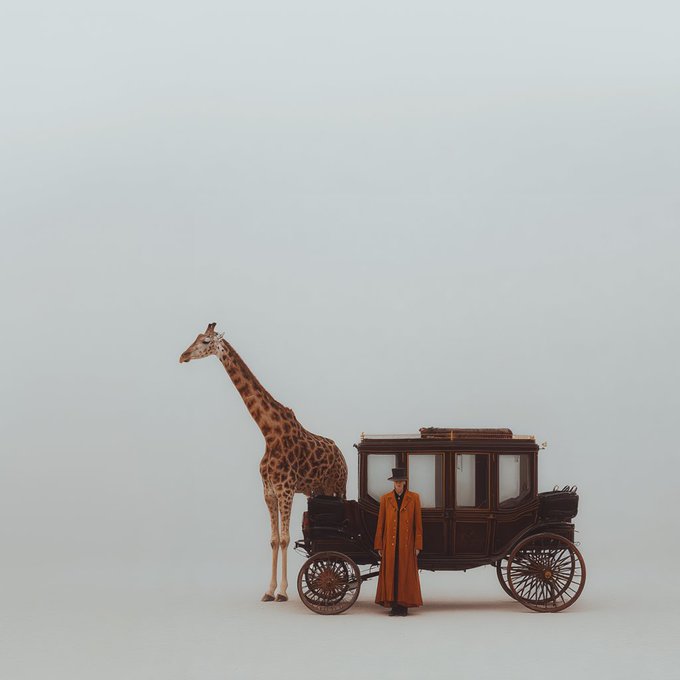 A giraffe stands beside an antique horse-drawn carriage while a formally dressed driver waits. The scene illustrates the accompanying post, “Your carriage is here” by @nad_nfts, marking Monday as the arrival of a whimsical ride.