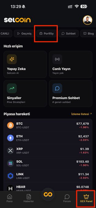 The image shows a screenshot of the Selcoin mobile app interface, with "Portföy" (Portfolio) tab highlighted at the top and a "GEX Panel" button circled in red at the bottom right. The screen displays market activity for cryptocurrencies including BTC ($77,679), ETH ($2,437), XRP ($1.39), SOL ($103.40), and LINK ($11.34), with most showing losses around -1.9% to -2%. The screenshot illustrates the upcoming portfolio feature that will allow users to track crypto, stocks, and commodities with personalized notifications.
