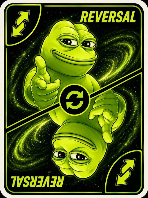 A Pepe the Frog-themed "Reversal" playing card featuring the frog pointing upward in the top half and a mirrored, upside-down version pointing downward in the bottom half, set against a swirling green galaxy background.