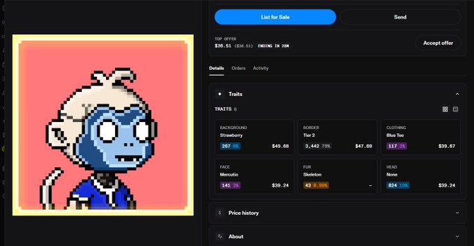 A NFT marketplace listing for a pixel-art monkey character on a pink background, showing 'List for Sale' for $36.65 with traits including Strawberryberry background, Tier 2 border, Blue Tea clothing, Mimosa face, Skeleton fur, and None head.
