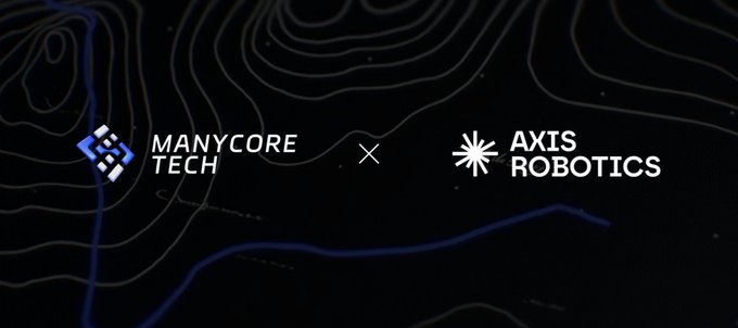 A promotional graphic showing a collaboration between 'MANYCORE TECH' and 'AXIS ROBOTICS' separated by an 'X', set against a dark background with topographic line patterns.