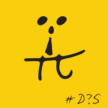 A yellow background features a stylized black line drawing of a face with dot eyes, a long nose, and the symbol 'πc' as a mouth, with '#D?S' written in the corner.