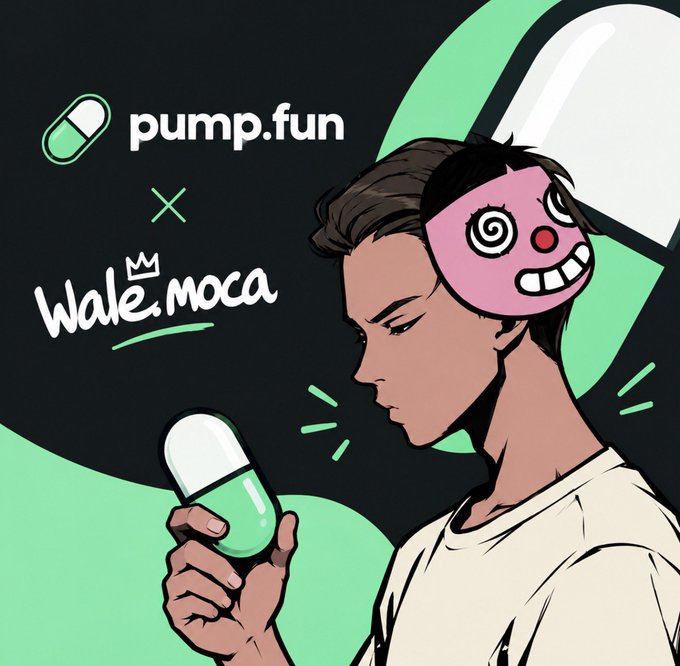 A stylized illustration showing a collaboration between 'pump.fun' and 'WALē.MOCA', featuring a character with dark hair, a pink mask, and holding a green and white pill.