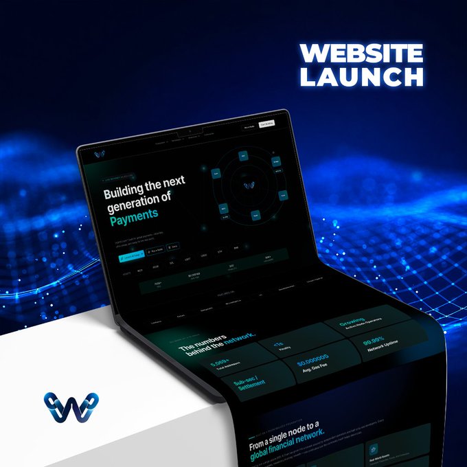 A 'WEBSITE LAUNCH' promotional graphic showing a curved monitor displaying a 'Building the next generation of Payments' landing page with statistics including 2,566+ total users, 50,000,000 daily gas fees, and 99.99% network uptime.