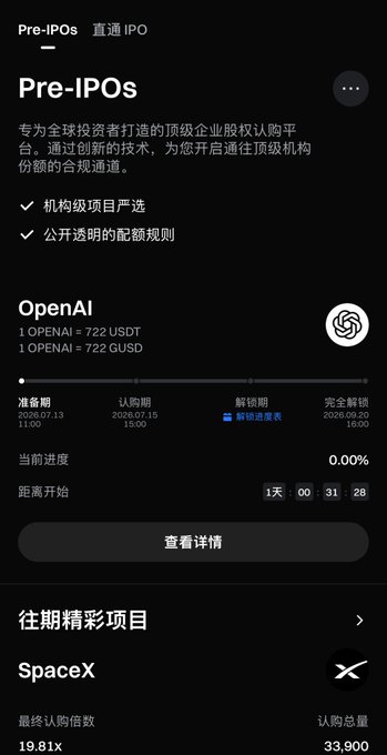 A mobile app screen in Chinese for 'Pre-IPOs' and '普通 IPO' showing an OpenAI stock offering at 722 USDT per share, with a current progress of 0.00%, and a past SpaceX project showing a 19.81x return at the bottom.