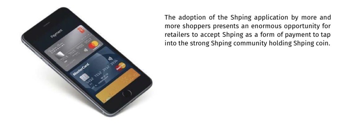 A smartphone displaying a digital wallet with MasterCard and other payment cards, alongside text promoting the 'Shping' application as an opportunity for retailers to accept Shping coin as payment.