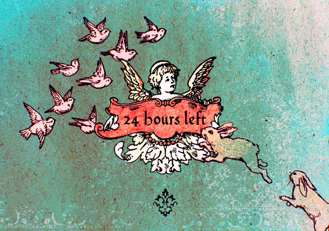 A vintage-style illustration features a winged cherub holding a banner reading "24 bours left," surrounded by flying birds and leaping hares against a teal, textured background. The whimsical countdown imagery and cherubic messenger motif tie into the post's message about a soon-to-arrive announcement from Robinhood eco.