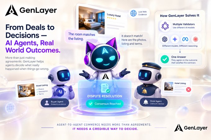 A promotional graphic for GenLayer titled 'From Deals to Decisions — AI Agents, Real World Outcomes,' featuring robot characters illustrating a hotel dispute resolution process using multiple validators and AI models.