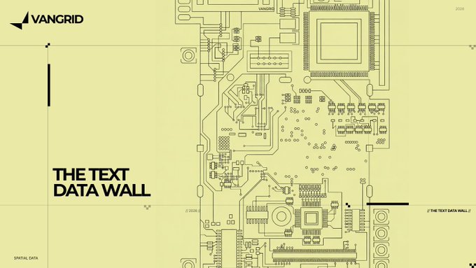 A yellow-tinted graphic titled "THE TEXT DATA WALL" features intricate circuit board schematics, with "VANGRID" branding in the top-left corner, evoking the finite nature of internet text data as LLM training sources approach exhaustion. The accompanying post argues that real-world visual and sensor data—captured through decentralized networks of everyday devices—represents the next frontier beyond this "wall."