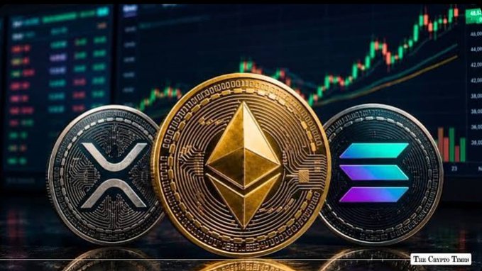 A crypto-themed image displaying three coins (XRP, Ethereum, and Solana) with a trading chart showing rising green candles in the background, credited to 'The Crypto Times'.
