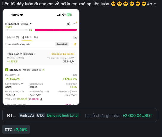 A screenshot of a Binance trading interface showing BTCUSDT perpetual futures with PnL of +1,153.21 USDT, ROI of +176.57%, and Vietnamese text at the top translating to 'Lên tới đây luôn đi cho em về bờ là em xoá áp liền luôn #btc' with sad emojis.