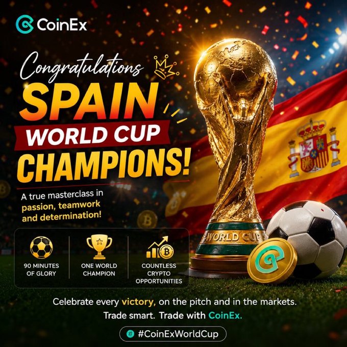 A CoinEx congratulatory poster celebrating Spain as "World Cup Champions!" featuring the gold FIFA World Cup trophy, Spanish flag, and the tagline "Celebrate every victory, on the pitch and in the markets."