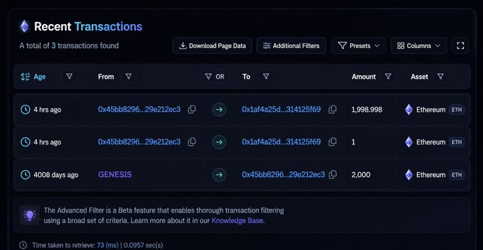 A 'Recent Transactions' blockchain explorer view showing 3 ETH transactions totaling ~2,000 ETH, including a GENESIS transaction from 4008 days ago.
