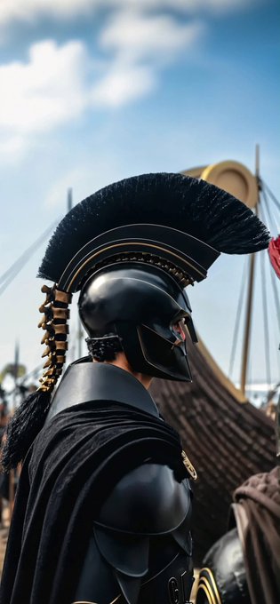 A person wearing a black crested Roman-style helmet and dark armor stands in profile, with what appears to be a wooden ship and spears visible in the bright outdoor background.