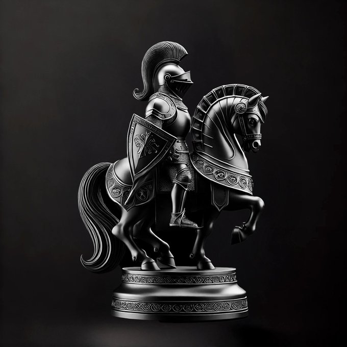 A detailed monochromatic 3D render of a knight in full armor sitting atop a heavily armored horse, mounted on an ornate circular base against a dark background.