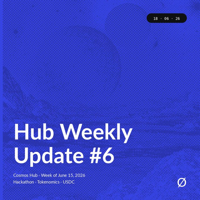 The image shows a blue background with white text that reads "Hub Weekly Update #6" at the top, followed by a list of things happening during the hackathon. The text also mentions a phase 1 tokenomics research project and a check-in on the Injective USDC integration Forum.