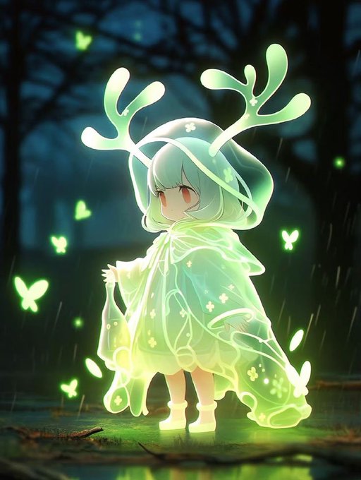 A chibi-style character with glowing antlers and a luminescent green cloak stands in a dark forest surrounded by glowing butterflies, embodying the ethereal, narrative-driven appeal of NFT art where story outweighs the asset itself.