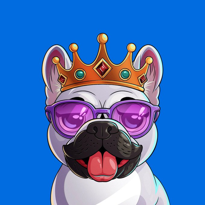 Cartoon illustration of a white French Bulldog wearing a jeweled gold crown and oversized purple sunglasses, with its tongue out against a blue background.