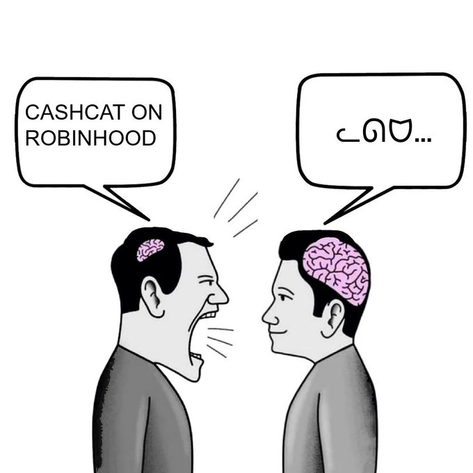 A meme showing two figures facing each other in profile, one yelling 'CASHCAT ON ROBINHOOD' while the other quietly replies with a drawn character symbol.