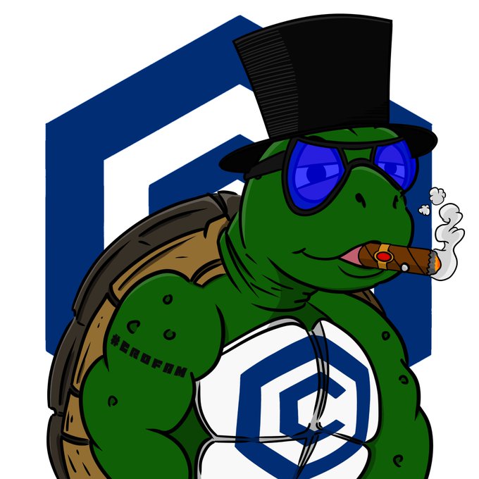 A cartoon mascot of a muscular green turtle wearing a black top hat, blue sunglasses, and smoking a cigar, posed in front of a blue hexagonal logo.