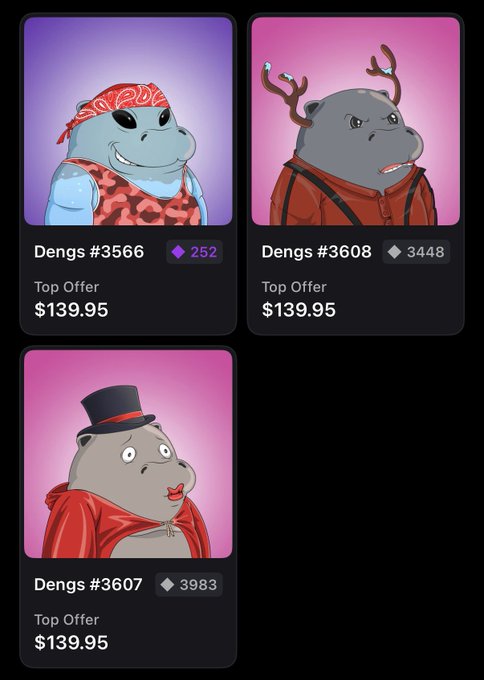 The image shows three NFT listings from the "Dengs" collection (#3566, #3608, and #3607), each priced at $139.95 as a Top Offer, featuring cartoon-style dolphin characters in various outfits like a red bandana, antlers with a red jacket, and a top hat with a red hoodie. The listings relate to the poster's comment about using their DENGSONAPE holdings to potentially qualify for a @themutualfun pass, with the displayed Dengs NFTs showing possible trades or offers they could make.