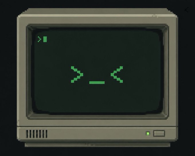 A retro pixel-art illustration of an old CRT monitor displaying a green ASCII face with a frown expression ">_<".
