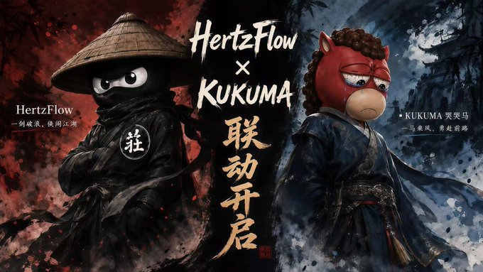Promotional artwork for a 'HertzFlow × KUKUMA' collaboration, featuring a ninja character and a red-haired horse character in traditional Japanese attire with the text '联动开启' (Collaboration Launched).