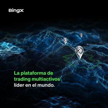 A BingX advertisement featuring a digital 3D topographical map with location pins and Spanish text reading 'La plataforma de trading multiactivos líder en el mundo.'