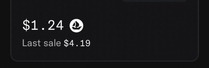 A dark interface snippet displays a price of '$1.24' with a ghost icon next to it, and 'Last sale $4.19' below.