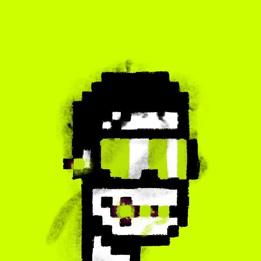 A glitchy, pixelated black and white humanoid figure with a distorted face stands against a bright neon green background.